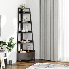 5-Tier Corner Shelf with Drawer - Freestanding Black Bookshelf & Plant Stand for Living Room & Office