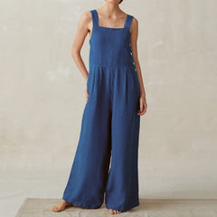 Wide Leg Jumpsuit Women Cotton And Linen Pocket Overalls