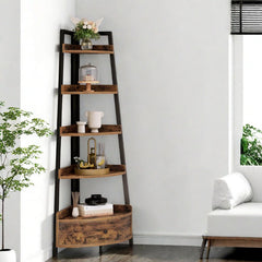 5-Tier Corner Shelf with Drawer - Freestanding Black Bookshelf & Plant Stand for Living Room & Office