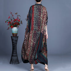Spring And Summer Women's Retro Printing Large Size Loose Long Irregular Dress Silk Large Version Ethnic Style Long Skirt