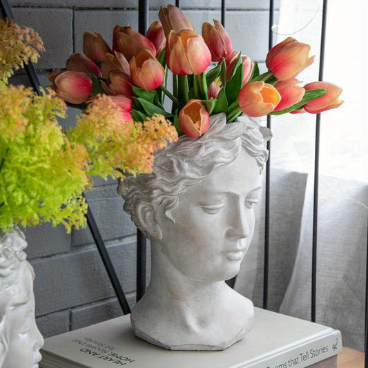 Elegant Greek-Inspired Cement Head Planter - 7"x11" Modern Indoor/Outdoor Decor