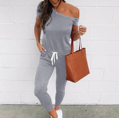 Spring and summer women's off-the-shoulder short-sleeved pocket with slanted shoulder jumpsuit