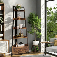 5-Tier Corner Shelf with Drawer - Freestanding Black Bookshelf & Plant Stand for Living Room & Office