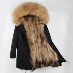 Oversized raccoon fur collar parka coat