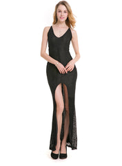 Elegant V-Neck Halter Slit Lace Dress | Banquet & Evening Wear for Women