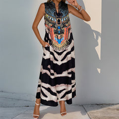 Stand Collar Sleeveless Zebra Print Dress