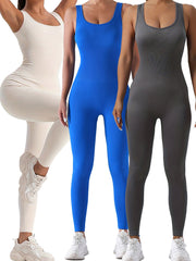 3 Pack Women's Ribbed Solid Color One-Piece Jumpsuit, Form-Fitting Sensual Activewear, Classic Sleeveless Full-Length Pants For Sport Casual Wear