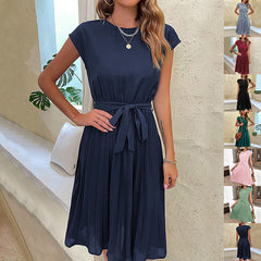 Summer Pleated Short-sleeved Dress INS Fashion Waist-tied Beach Dresse Women's Clothing