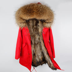 Oversized raccoon fur collar parka coat