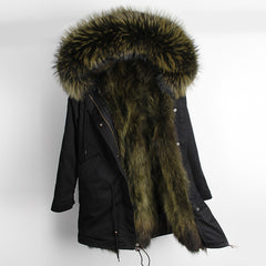 Oversized raccoon fur collar parka coat