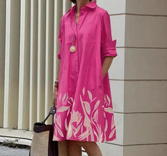 Polka Dot Print Shirt Collar Long Sleeve Pocket Mid-length Dress