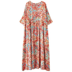 Summer New Artistic Large Size Loose Cotton And Linen Short Sleeve Printed Dress Women's Dress