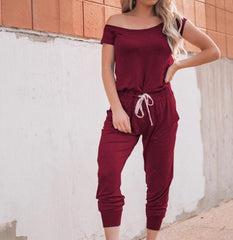 Spring and summer women's off-the-shoulder short-sleeved pocket with slanted shoulder jumpsuit