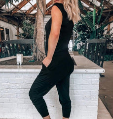 Spring and summer women's off-the-shoulder short-sleeved pocket with slanted shoulder jumpsuit