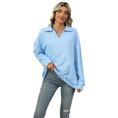 New Lapel V-neck Sweatshirt Fashion Casual Loose Solid Color Long-sleeved Pullover Top For Womens Clothing