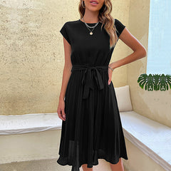 Summer Pleated Short-sleeved Dress INS Fashion Waist-tied Beach Dresse Women's Clothing