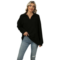 New Lapel V-neck Sweatshirt Fashion Casual Loose Solid Color Long-sleeved Pullover Top For Womens Clothing