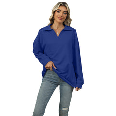 New Lapel V-neck Sweatshirt Fashion Casual Loose Solid Color Long-sleeved Pullover Top For Womens Clothing