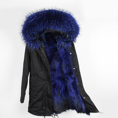 Oversized raccoon fur collar parka coat