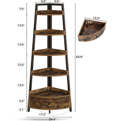 5-Tier Corner Shelf with Drawer - Freestanding Black Bookshelf & Plant Stand for Living Room & Office