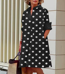 Polka Dot Print Shirt Collar Long Sleeve Pocket Mid-length Dress