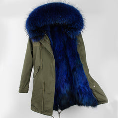 Oversized raccoon fur collar parka coat