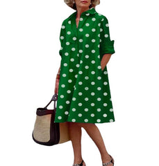 Polka Dot Print Shirt Collar Long Sleeve Pocket Mid-length Dress