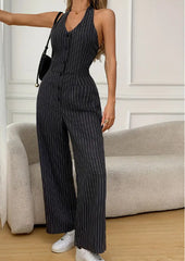 Sleeveless Front Button Casual Striped Jumpsuit | Trendy One-Piece Jumpsuit for Women