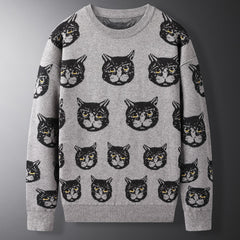 Men's Printed Sweater Fashionable Cat Autumn And Winter Personalized Casual Slim Sweater