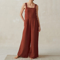 Wide Leg Jumpsuit Women Cotton And Linen Pocket Overalls