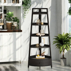 5-Tier Corner Shelf with Drawer - Freestanding Black Bookshelf & Plant Stand for Living Room & Office