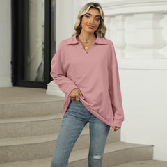 New Lapel V-neck Sweatshirt Fashion Casual Loose Solid Color Long-sleeved Pullover Top For Womens Clothing