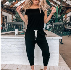 Spring and summer women's off-the-shoulder short-sleeved pocket with slanted shoulder jumpsuit