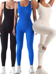3 Pack Women's Ribbed Solid Color One-Piece Jumpsuit, Form-Fitting Sensual Activewear, Classic Sleeveless Full-Length Pants For Sport Casual Wear