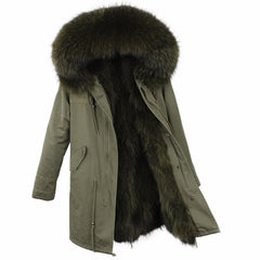 Oversized raccoon fur collar parka coat