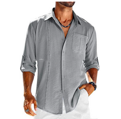 Casual Long Sleeve Shirt With Pocket Lace Polo Collar Solid Color Button Mens Clothing