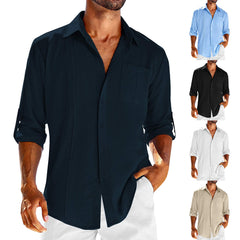 Casual Long Sleeve Shirt With Pocket Lace Polo Collar Solid Color Button Mens Clothing