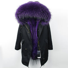 Oversized raccoon fur collar parka coat