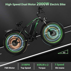 2000W Motor Electric Bike Adults - 31 MPH Electric Bike With 26 Inches Fat Tire 20AH Removable Battery, Hydraulic Disc Brake 21 Speed US only