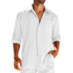 Casual Long Sleeve Shirt With Pocket Lace Polo Collar Solid Color Button Mens Clothing