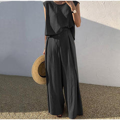 Cotton And Linen Casual Sleeveless Top Wide Leg Pants Two-piece Set