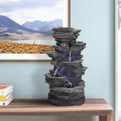 Stacked Rocks 15.7" Black Resin Tabletop Fountain with LED Lights - Zen Meditation Indoor Waterfall for Home, Office & Bedroom Decor