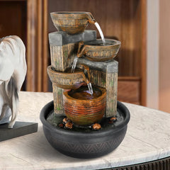 15.7" 4-Tier Indoor Tabletop Waterfall Fountain with LED Lights - Relaxing Home Decoration, Brown