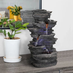 Stacked Rocks 15.7" Black Resin Tabletop Fountain with LED Lights - Zen Meditation Indoor Waterfall for Home, Office & Bedroom Decor