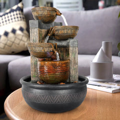15.7" 4-Tier Indoor Tabletop Waterfall Fountain with LED Lights - Relaxing Home Decoration, Brown