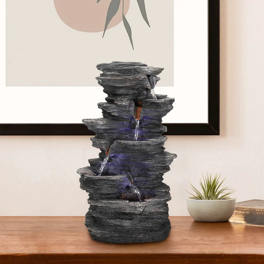 Stacked Rocks 15.7" Black Resin Tabletop Fountain with LED Lights - Zen Meditation Indoor Waterfall for Home, Office & Bedroom Decor