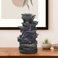 Stacked Rocks 15.7" Black Resin Tabletop Fountain with LED Lights - Zen Meditation Indoor Waterfall for Home, Office & Bedroom Decor