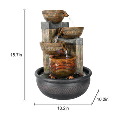 15.7" 4-Tier Indoor Tabletop Waterfall Fountain with LED Lights - Relaxing Home Decoration, Brown