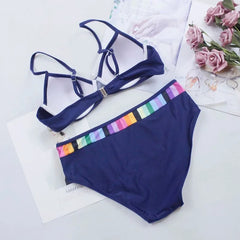 Women's High-Waist Bikini Set – Sexy Lace-Up Two-Piece Swimsuit in Black & Blue Print