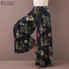 Women's Wide Leg Trousers ZANZEA Kaftan Printed Pants Elastic Waist Long Pantalon Palazzo Casual Floral Turnip Oversized